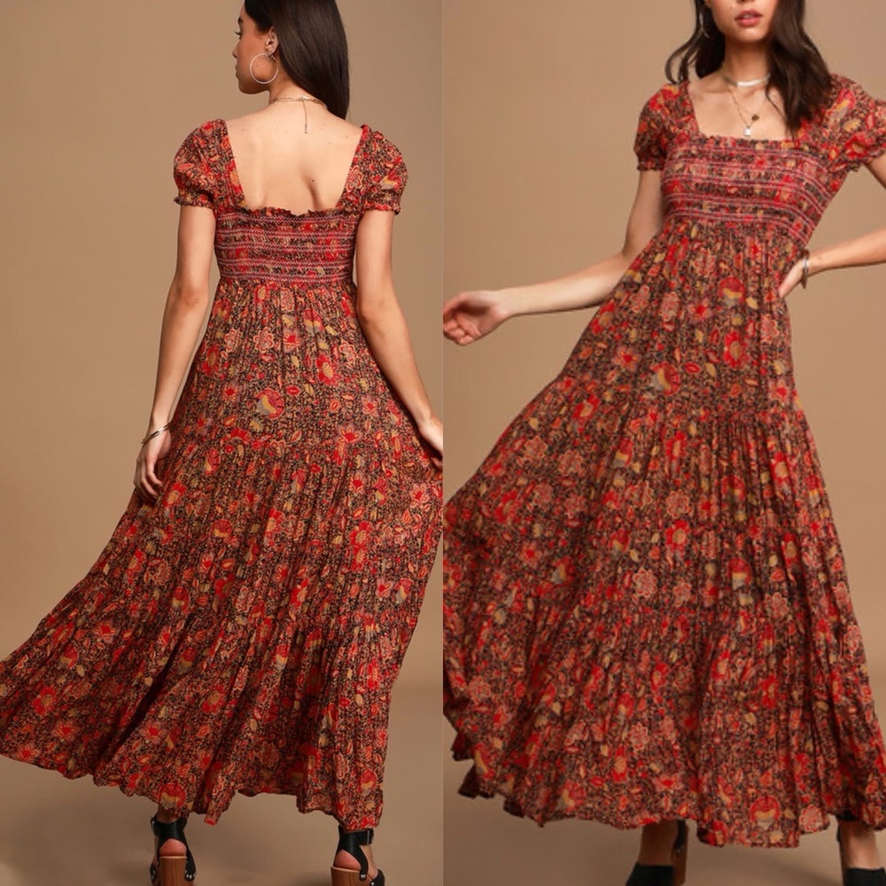 Free People Getaway Red Floral Print Pleated Tiered Maxi Dress